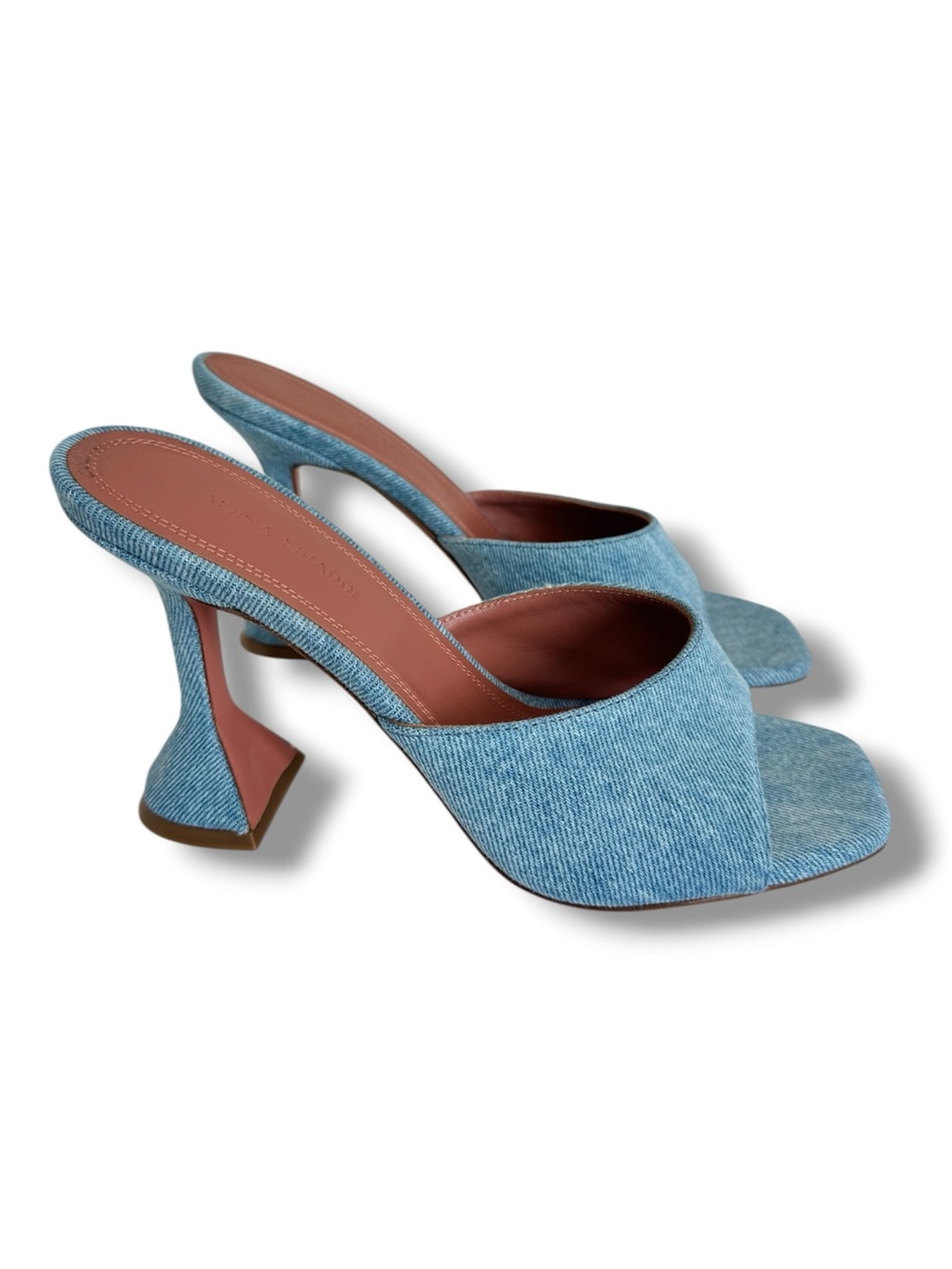 Amina Muaddi Lupita  Pedestal Mule Sandals Denim Blue 37.5 US 7.5